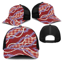Red Hawaii Palaka Honohono Pikake Mesh Trucker Cap Hawaiian Orchid Lei Polynesian Pattern - Polynesian Pride