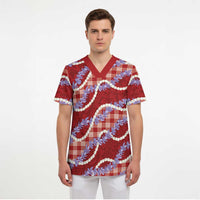 Red Hawaii Palaka Honohono Pikake Scrub Top Hawaiian Orchid Lei Polynesian Pattern - Polynesian Pride