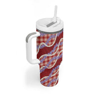 Red Hawaii Palaka Honohono Pikake Tumbler With Handle Hawaiian Orchid Lei Polynesian Pattern - Polynesian Pride