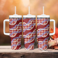 Red Hawaii Palaka Honohono Pikake Tumbler With Handle Hawaiian Orchid Lei Polynesian Pattern - Polynesian Pride