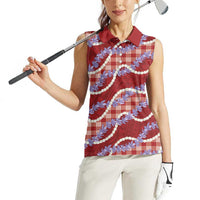 Red Hawaii Palaka Honohono Pikake Women Sleeveless Polo Shirt Hawaiian Orchid Lei Polynesian Pattern - Polynesian Pride