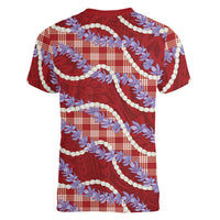 Red Hawaii Palaka Honohono Pikake Women V-Neck T-Shirt Hawaiian Orchid Lei Polynesian Pattern LT14 - Polynesian Pride