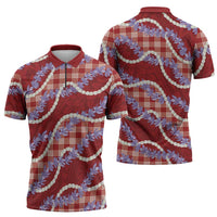 Red Hawaii Palaka Honohono Pikake Zipper Polo Shirt Hawaiian Orchid Lei Polynesian Pattern LT14 - Polynesian Pride