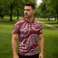 Red Hawaii Palaka Honohono Pikake Zipper Polo Shirt Hawaiian Orchid Lei Polynesian Pattern LT14 - Polynesian Pride