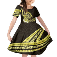 Yellow Polynesia Easter Day Kid Short Sleeve Dress Eggs With Bunny Polynesian Pattern