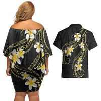 Polynesia Tattoo With Plumeria Couples Matching Off Shoulder Short Dress and Hawaiian Shirt Elegant Vibes