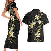 Polynesia Tattoo With Plumeria Couples Matching Short Sleeve Bodycon Dress and Hawaiian Shirt Elegant Vibes LT14 - Polynesian Pride