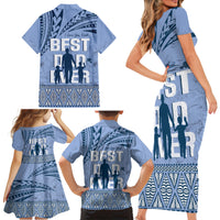 Tonga Father's Day Family Matching Short Sleeve Bodycon Dress and Hawaiian Shirt Best Dad Ever Tongan Ngatu Pattern - Blue
