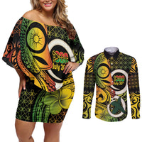 Vanuatu 1980 Couples Matching Off Shoulder Short Dress and Long Sleeve Button Shirt Ni-Van Tamtam Sand Drawing Pattern