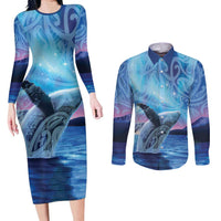 New Zealand Matariki Humpback Whale Couples Matching Long Sleeve Bodycon Dress and Long Sleeve Button Shirt Paikea Maori New Year Blue Galaxy