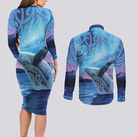 New Zealand Matariki Humpback Whale Couples Matching Long Sleeve Bodycon Dress and Long Sleeve Button Shirt Paikea Maori New Year Blue Galaxy