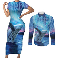 New Zealand Matariki Humpback Whale Couples Matching Short Sleeve Bodycon Dress and Long Sleeve Button Shirt Paikea Maori New Year Blue Galaxy