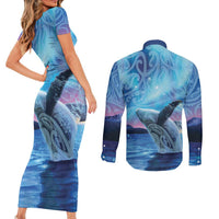 New Zealand Matariki Humpback Whale Couples Matching Short Sleeve Bodycon Dress and Long Sleeve Button Shirt Paikea Maori New Year Blue Galaxy