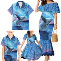New Zealand Matariki Humpback Whale Family Matching Mermaid Dress and Hawaiian Shirt Paikea Maori New Year Blue Galaxy