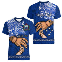 Personalised Father Day Samoa Women V Neck T Shirt Manuia le Aso Sa o Tama Blue Version LT14 - Polynesian Pride