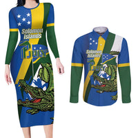 Solomon Islands Independence Day Couples Matching Long Sleeve Bodycon Dress and Long Sleeve Button Shirt Happy 7 July Crocodile Flag Style LT14 Blue - Polynesian Pride