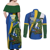 Solomon Islands Independence Day Couples Matching Off Shoulder Maxi Dress and Long Sleeve Button Shirt Happy 7 July Crocodile Flag Style LT14 - Polynesian Pride
