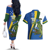 Solomon Islands Independence Day Couples Matching Off The Shoulder Long Sleeve Dress and Hawaiian Shirt Happy 7 July Crocodile Flag Style