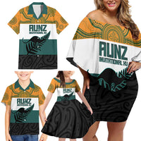 AUNZ Rugby Custom Family Matching Off Shoulder Short Dress and Hawaiian Shirt Australia Kangaroo New Zealand Silver Fern - Polynesian Pride