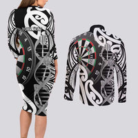 Personalised New Zealand Darts Couples Matching Long Sleeve Bodycon Dress and Long Sleeve Button Shirt Aotearoa Maori Its In My DNA Black - Polynesian Pride