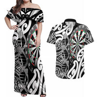 Personalised New Zealand Darts Couples Matching Off Shoulder Maxi Dress and Hawaiian Shirt Aotearoa Maori Its In My DNA Black - Polynesian Pride