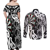 Personalised New Zealand Darts Couples Matching Off Shoulder Maxi Dress and Long Sleeve Button Shirt Aotearoa Maori Its In My DNA Black - Polynesian Pride