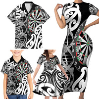 Personalised New Zealand Darts Family Matching Short Sleeve Bodycon Dress and Hawaiian Shirt Aotearoa Maori Its In My DNA Black - Polynesian Pride