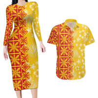 Kahili Quilt Hawaii Couples Matching Long Sleeve Bodycon Dress and Hawaiian Shirt Tropical Flower Seamless Half Style LT14 Yellow - Polynesian Pride