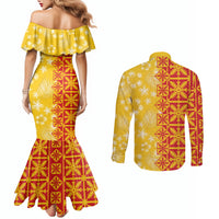 Kahili Quilt Hawaii Couples Matching Mermaid Dress and Long Sleeve Button Shirt Tropical Flower Seamless Half Style LT14 - Polynesian Pride