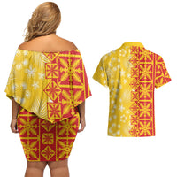 Kahili Quilt Hawaii Couples Matching Off Shoulder Short Dress and Hawaiian Shirt Tropical Flower Seamless Half Style LT14 - Polynesian Pride