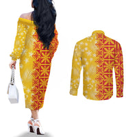 Kahili Quilt Hawaii Couples Matching Off The Shoulder Long Sleeve Dress and Long Sleeve Button Shirt Tropical Flower Seamless Half Style LT14 - Polynesian Pride