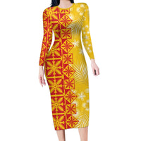 Kahili Quilt Hawaii Family Matching Long Sleeve Bodycon Dress and Hawaiian Shirt Tropical Flower Seamless Half Style LT14 Mom's Dress Yellow - Polynesian Pride