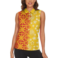 Kahili Quilt Hawaii Women Sleeveless Polo Shirt Tropical Flower Seamless Half Style