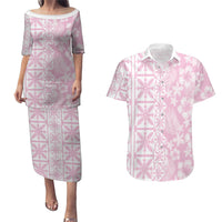 Pastel Pink Kahili Quilt Hawaii Couples Matching Puletasi and Hawaiian Shirt Tropical Flower Seamless Half Style LT14 Pink - Polynesian Pride