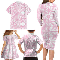 Pastel Pink Kahili Quilt Hawaii Family Matching Long Sleeve Bodycon Dress and Hawaiian Shirt Tropical Flower Seamless Half Style LT14 - Polynesian Pride
