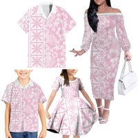 Pastel Pink Kahili Quilt Hawaii Family Matching Off The Shoulder Long Sleeve Dress and Hawaiian Shirt Tropical Flower Seamless Half Style LT14 - Polynesian Pride