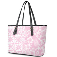 Pastel Pink Kahili Quilt Hawaii Leather Tote Bag Tropical Flower Seamless Half Style LT14 - Polynesian Pride