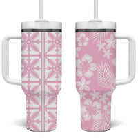 Pastel Pink Kahili Quilt Hawaii Tumbler With Handle Tropical Flower Seamless Half Style LT14 One Size: 40 oz Pink - Polynesian Pride