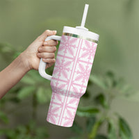 Pastel Pink Kahili Quilt Hawaii Tumbler With Handle Tropical Flower Seamless Half Style LT14 - Polynesian Pride