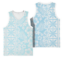 Pastel Blue Kahili Quilt Hawaii Basketball Jersey Tropical Flower Seamless Half Style LT14 - Polynesian Pride