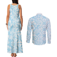 Pastel Blue Kahili Quilt Hawaii Couples Matching Tank Maxi Dress and Long Sleeve Button Shirt Tropical Flower Seamless Half Style LT14 - Polynesian Pride