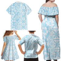 Pastel Blue Kahili Quilt Hawaii Family Matching Off Shoulder Maxi Dress and Hawaiian Shirt Tropical Flower Seamless Half Style LT14 - Polynesian Pride