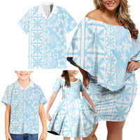 Pastel Blue Kahili Quilt Hawaii Family Matching Off Shoulder Short Dress and Hawaiian Shirt Tropical Flower Seamless Half Style LT14 - Polynesian Pride
