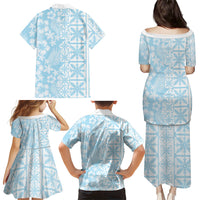 Pastel Blue Kahili Quilt Hawaii Family Matching Puletasi and Hawaiian Shirt Tropical Flower Seamless Half Style LT14 - Polynesian Pride