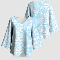 Pastel Blue Kahili Quilt Hawaii Kimono Sleeve Blouse Tropical Flower Seamless Half Style