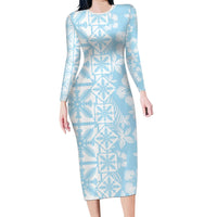 Pastel Blue Kahili Quilt Hawaii Long Sleeve Bodycon Dress Tropical Flower Seamless Half Style