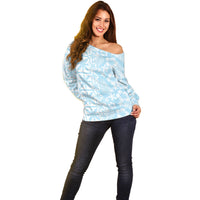 Pastel Blue Kahili Quilt Hawaii Off Shoulder Sweater Tropical Flower Seamless Half Style LT14 - Polynesian Pride