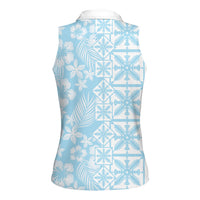 Pastel Blue Kahili Quilt Hawaii Women Sleeveless Polo Shirt Tropical Flower Seamless Half Style LT14 - Polynesian Pride