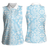 Pastel Blue Kahili Quilt Hawaii Women Sleeveless Polo Shirt Tropical Flower Seamless Half Style LT14 - Polynesian Pride