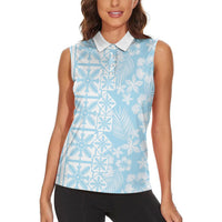 Pastel Blue Kahili Quilt Hawaii Women Sleeveless Polo Shirt Tropical Flower Seamless Half Style LT14 - Polynesian Pride